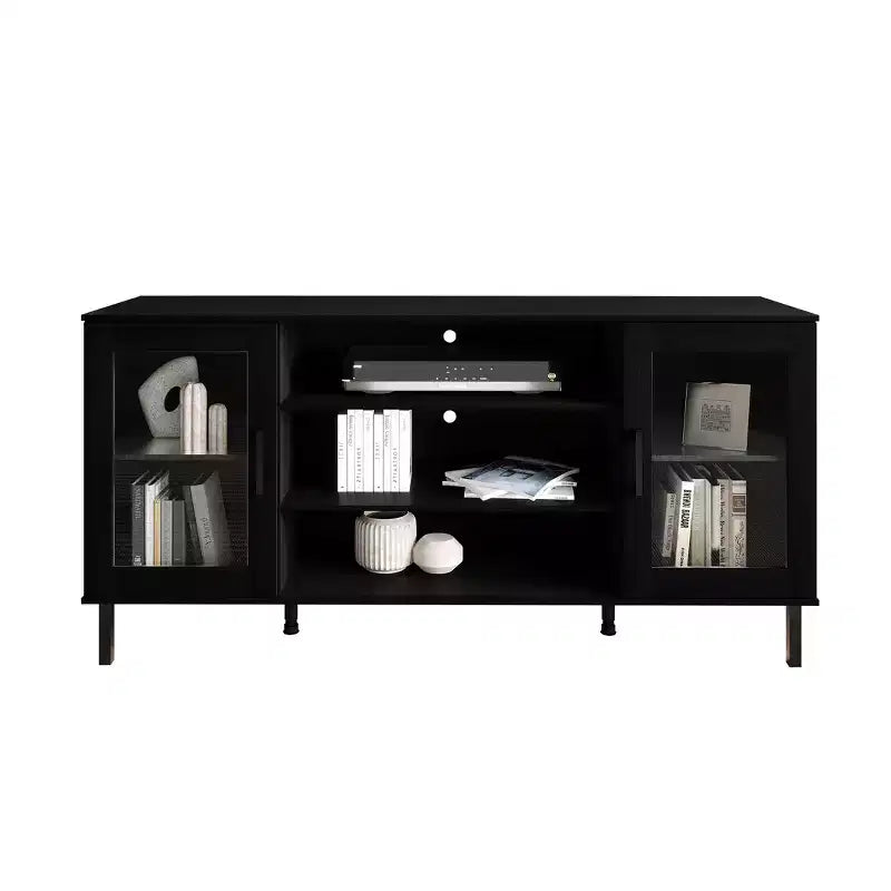 Black / White Modern TV Stand Console, 2-Door, 3-Shelf, Fits up to 60" TV