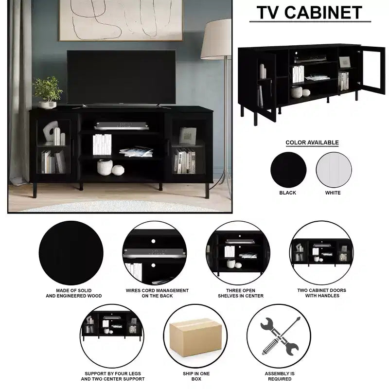 Black / White Modern TV Stand Console, 2-Door, 3-Shelf, Fits up to 60" TV