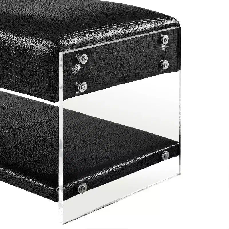Black Croc-Embossed Faux Leather Acrylic 2-Tier Bench, 1-Seat