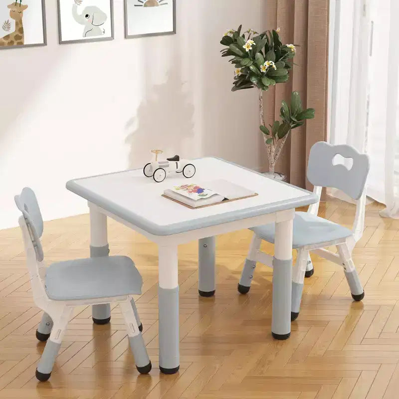 Height Adjustable Kids Table & 2 Chairs Set, Graffiti Desktop, Brown/Grey, For 2 Children