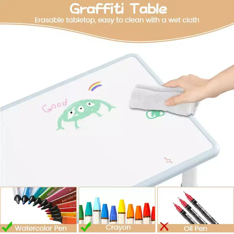 Height Adjustable Kids Table & 2 Chairs Set, Graffiti Desktop, Brown/Grey, For 2 Children