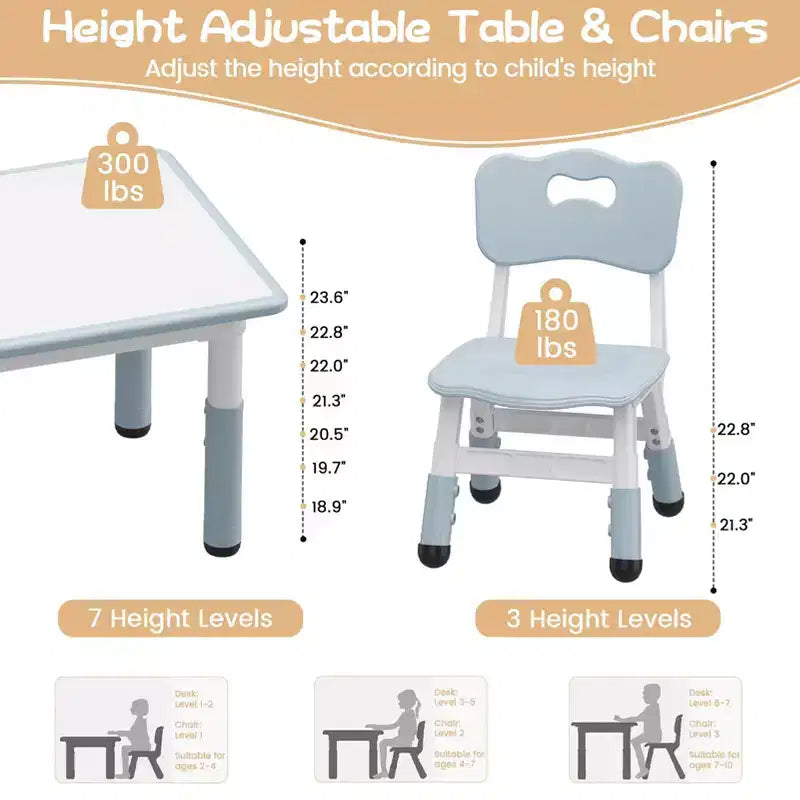 Height Adjustable Kids Table & 2 Chairs Set, Graffiti Desktop, Brown/Grey, For 2 Children