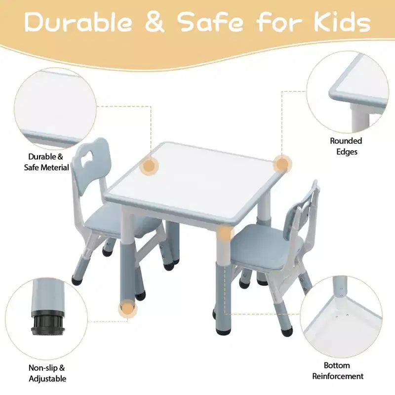 Height Adjustable Kids Table & 2 Chairs Set, Graffiti Desktop, Brown/Grey, For 2 Children