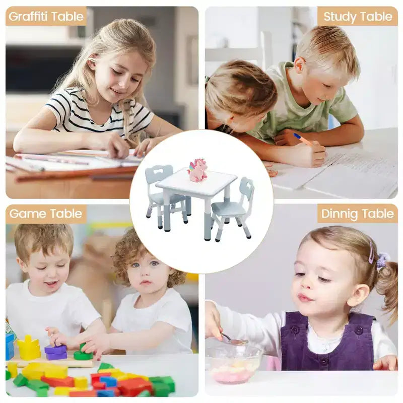 Height Adjustable Kids Table & 2 Chairs Set, Graffiti Desktop, Brown/Grey, For 2 Children