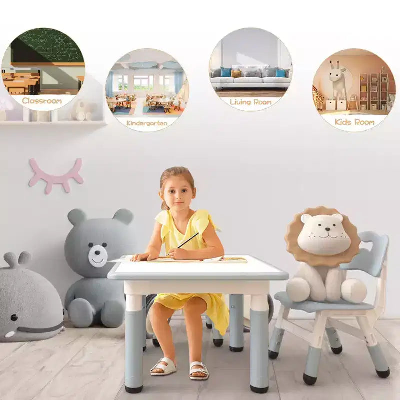 Height Adjustable Kids Table & 2 Chairs Set, Graffiti Desktop, Brown/Grey, For 2 Children