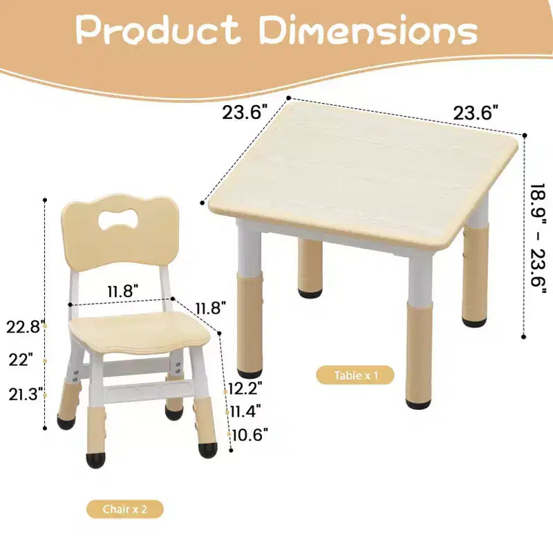 Height Adjustable Kids Table & 2 Chairs Set, Graffiti Desktop, Brown/Grey, For 2 Children