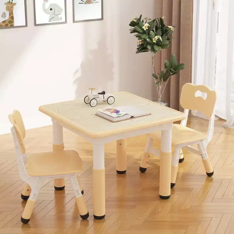 Height Adjustable Kids Table & 2 Chairs Set, Graffiti Desktop, Brown/Grey, For 2 Children