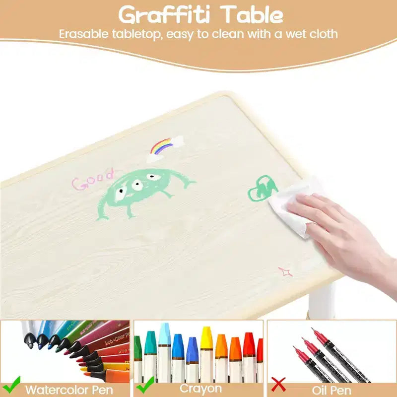 Height Adjustable Kids Table & 2 Chairs Set, Graffiti Desktop, Brown/Grey, For 2 Children