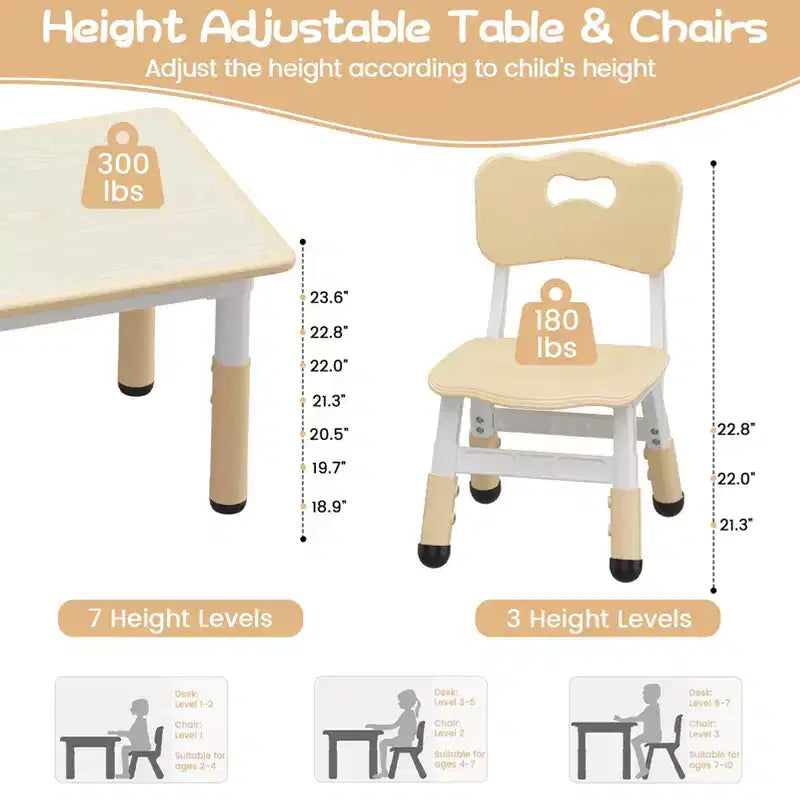 Height Adjustable Kids Table & 2 Chairs Set, Graffiti Desktop, Brown/Grey, For 2 Children