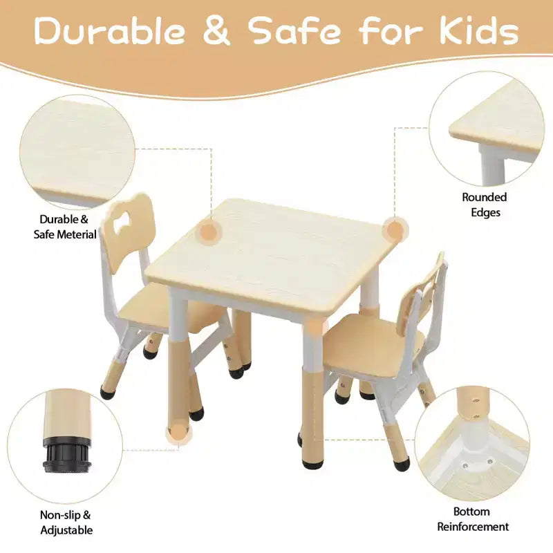 Height Adjustable Kids Table & 2 Chairs Set, Graffiti Desktop, Brown/Grey, For 2 Children