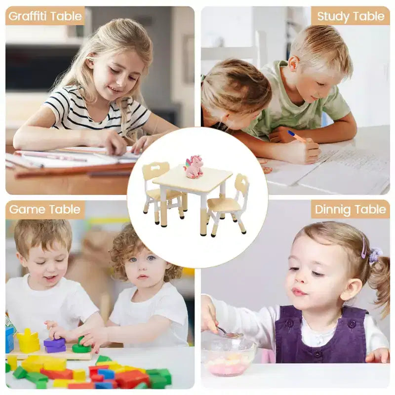 Height Adjustable Kids Table & 2 Chairs Set, Graffiti Desktop, Brown/Grey, For 2 Children