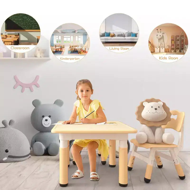 Height Adjustable Kids Table & 2 Chairs Set, Graffiti Desktop, Brown/Grey, For 2 Children