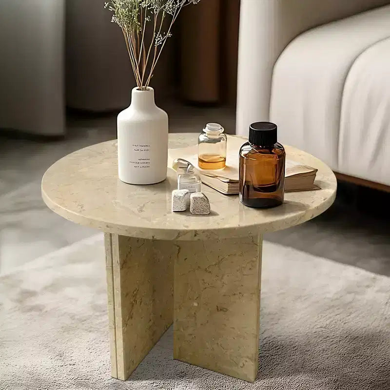 Yellow Round Marble Coffee Table, Solid Slab Base, 1-Piece