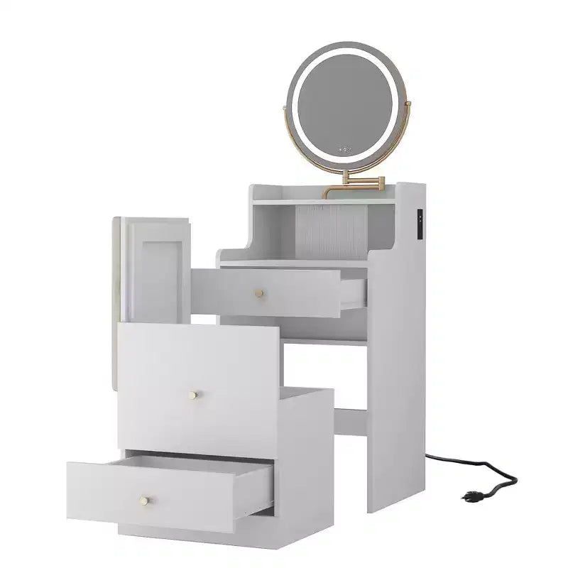 Scrivania da trucco illuminata giallo chiaro/bianco con specchio e sgabello, utente singolo