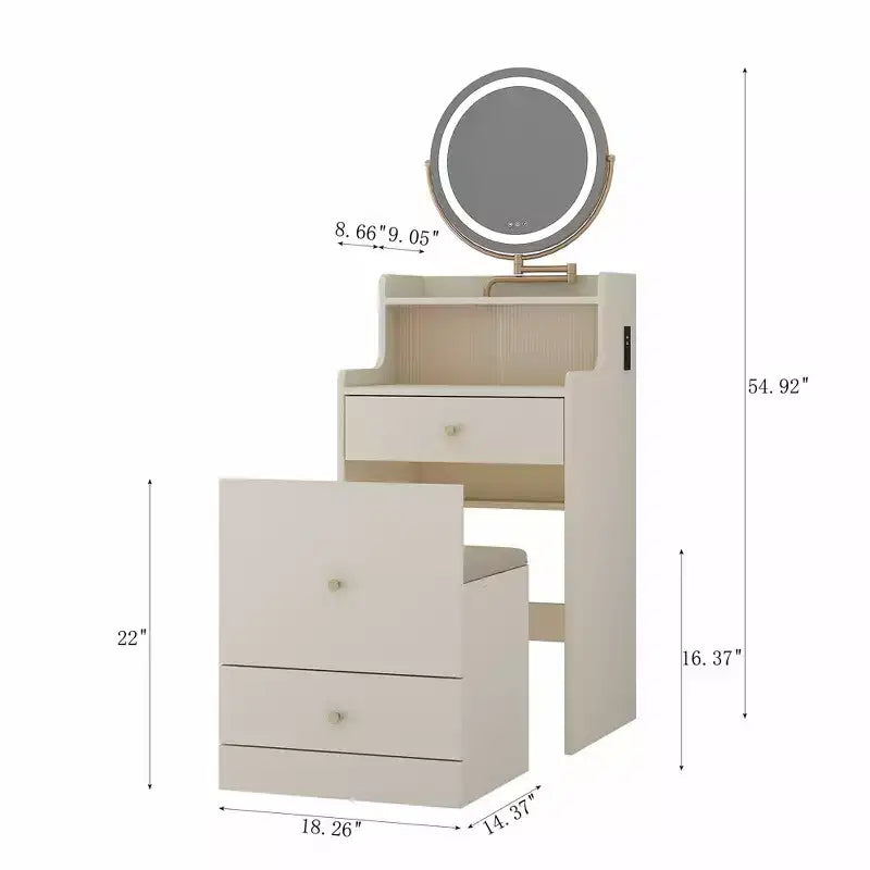 Scrivania da trucco illuminata giallo chiaro/bianco con specchio e sgabello, utente singolo