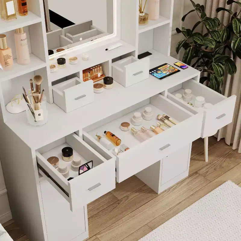 White Rectangle Lighted Vanity Table with Drawers & Mirror, 1-Person