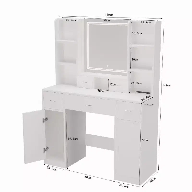 Tavolo da Trucco Rettangolare Bianco Illuminato con Cassetti e Specchio, 1 Posto