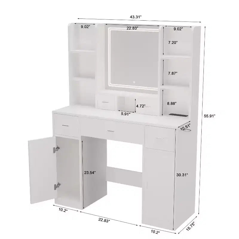 White Rectangle Lighted Vanity Table with Drawers & Mirror, 1-Person