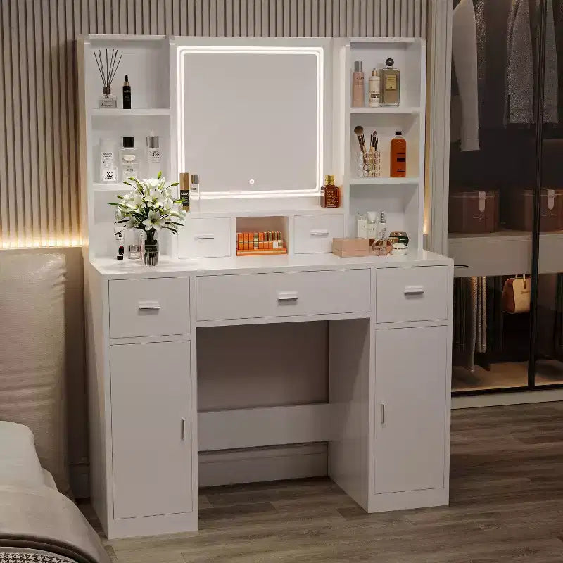 Tavolo da Trucco Rettangolare Bianco Illuminato con Cassetti e Specchio, 1 Posto