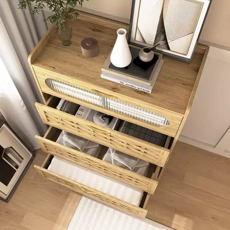 Natural Wood 4/6-Drawer Dresser with Acrylic Front, Gold Handles – Single Unit
