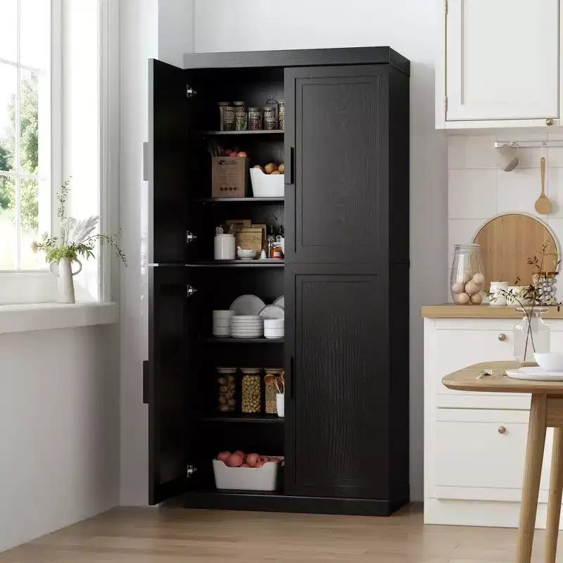 67 Black Wood Grain 6-Story Decorative Storage Cabinet with Wicker Door