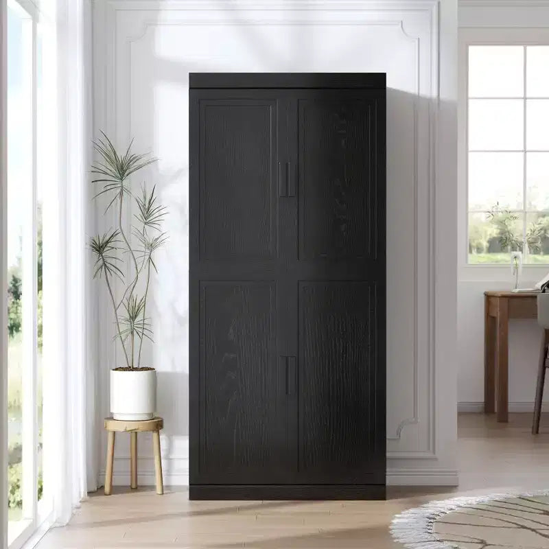 Black Wood Grain 4-Door 6-Shelf Storage Cabinet, Single