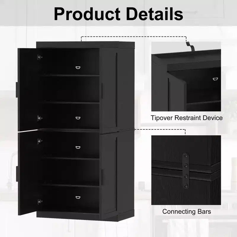 Black Wood Grain 4-Door 6-Shelf Storage Cabinet, Single