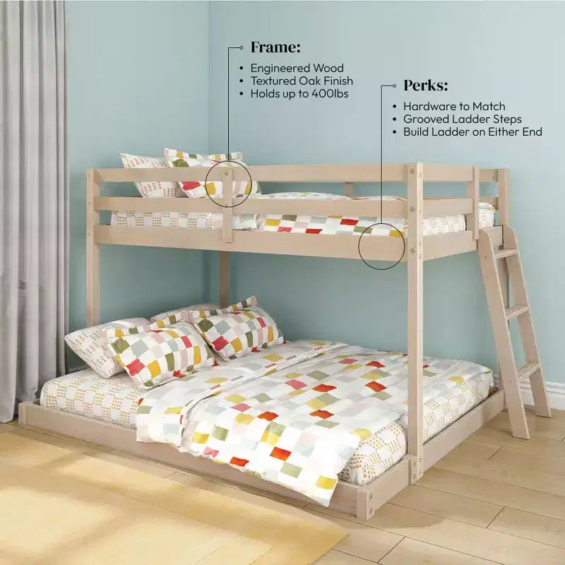 Textured Natural / Pecan / White Twin over Full Low Bunk Bed, Engineered Wood, Sleeps 2