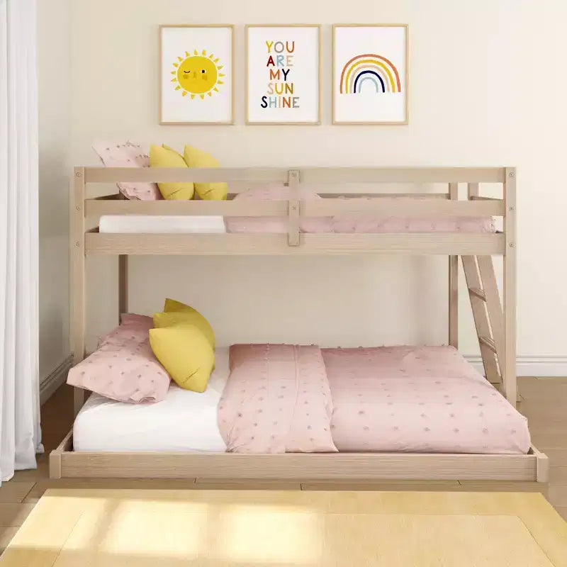 Textured Natural / Pecan / White Twin over Full Low Bunk Bed, Engineered Wood, Sleeps 2