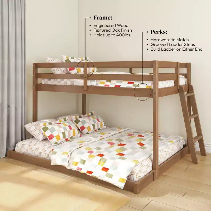 Textured Natural / Pecan / White Twin over Full Low Bunk Bed, Engineered Wood, Sleeps 2