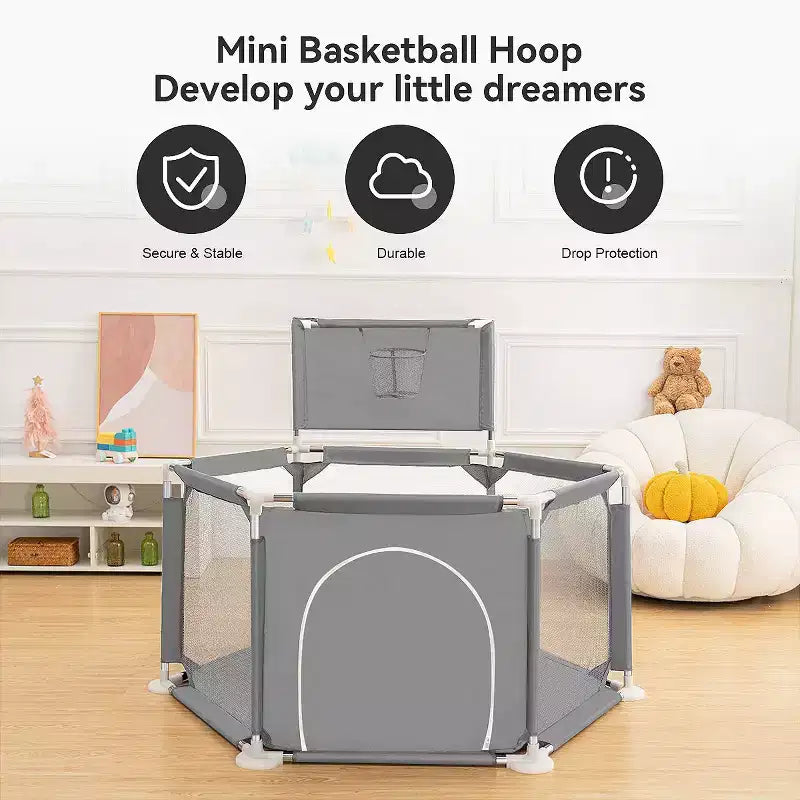 Blue/Gray 6-Panel Baby Playpen with Basketball Hoop, 1-Child