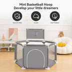 Blue/Gray 6-Panel Baby Playpen with Basketball Hoop, 1-Child