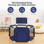 Blue/Gray 6-Panel Baby Playpen with Basketball Hoop, 1-Child