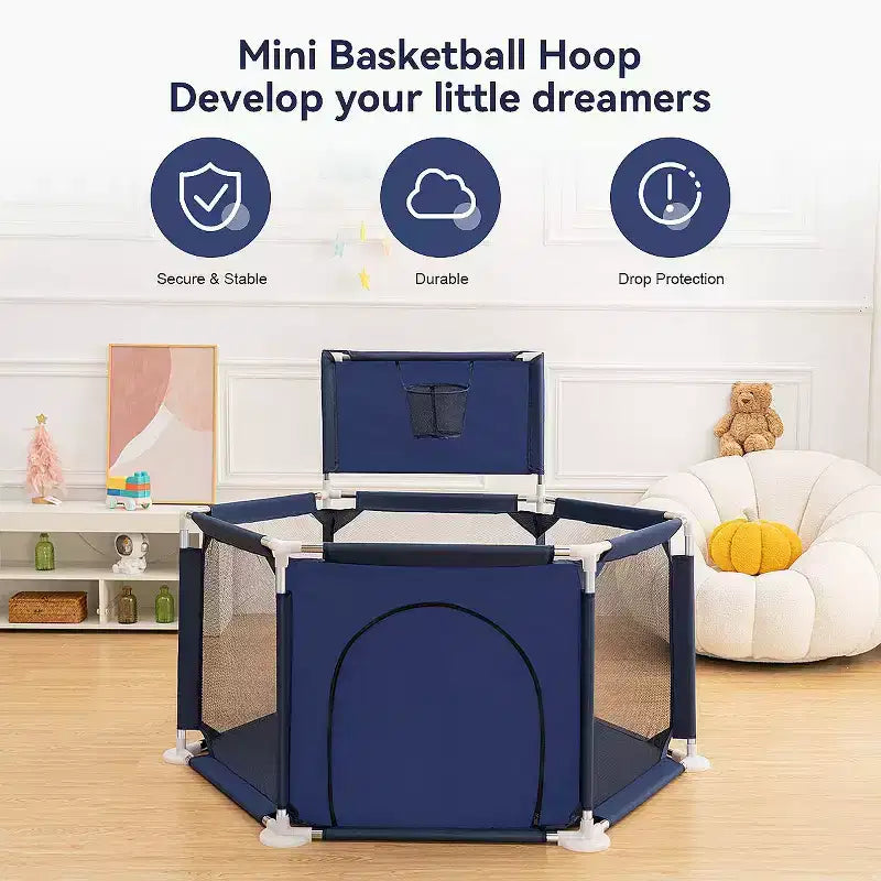Blue/Gray 6-Panel Baby Playpen with Basketball Hoop, 1-Child