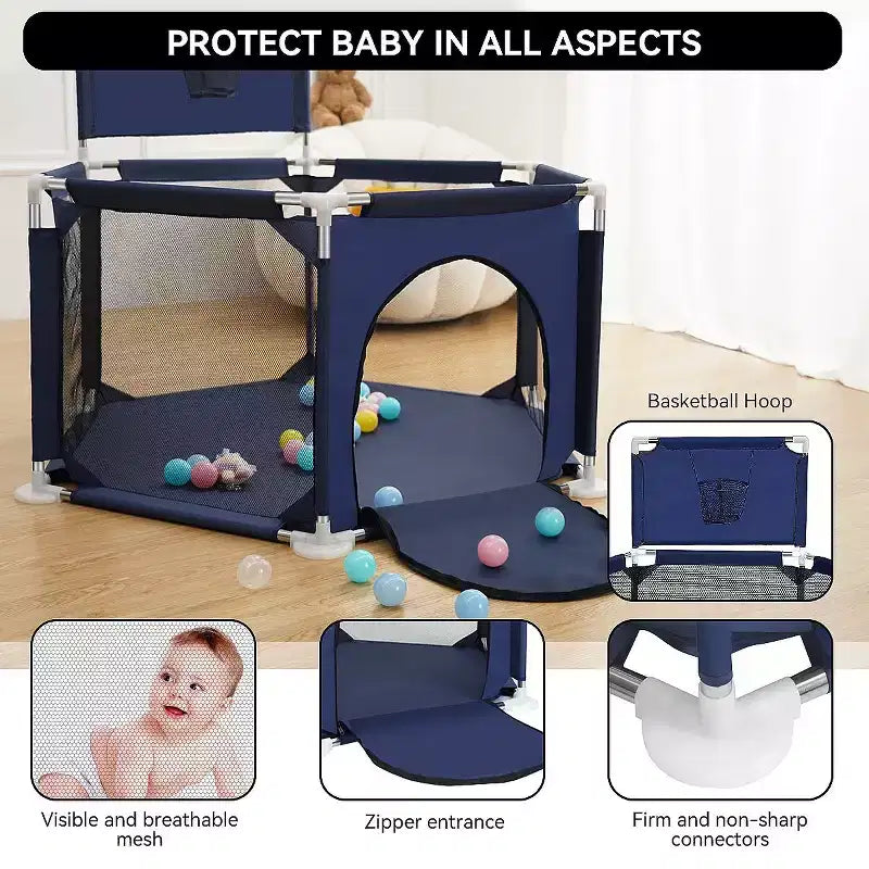 Blue/Gray 6-Panel Baby Playpen with Basketball Hoop, 1-Child