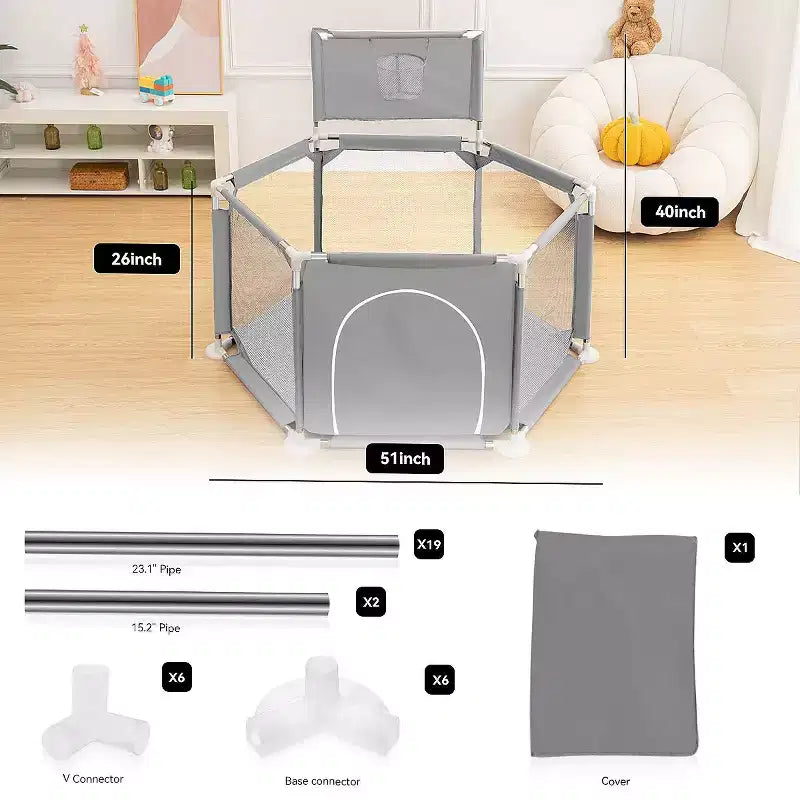 Blue/Gray 6-Panel Baby Playpen with Basketball Hoop, 1-Child