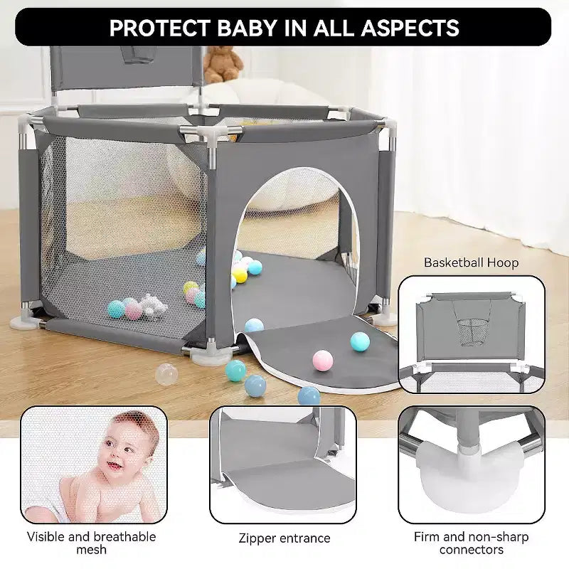 Blue/Gray 6-Panel Baby Playpen with Basketball Hoop, 1-Child