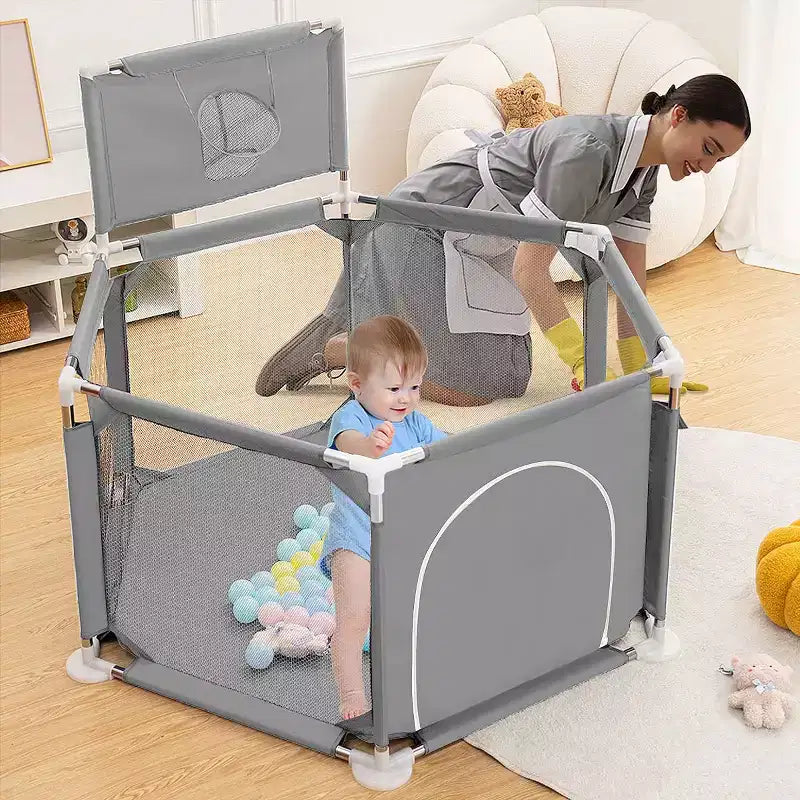 Blue/Gray 6-Panel Baby Playpen with Basketball Hoop, 1-Child