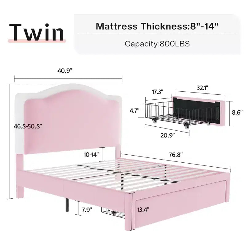 Upholstered Platform Bed with LED Headboard & Storage Drawers – Beige / Light Gray / Pink, Twin/Full/Queen