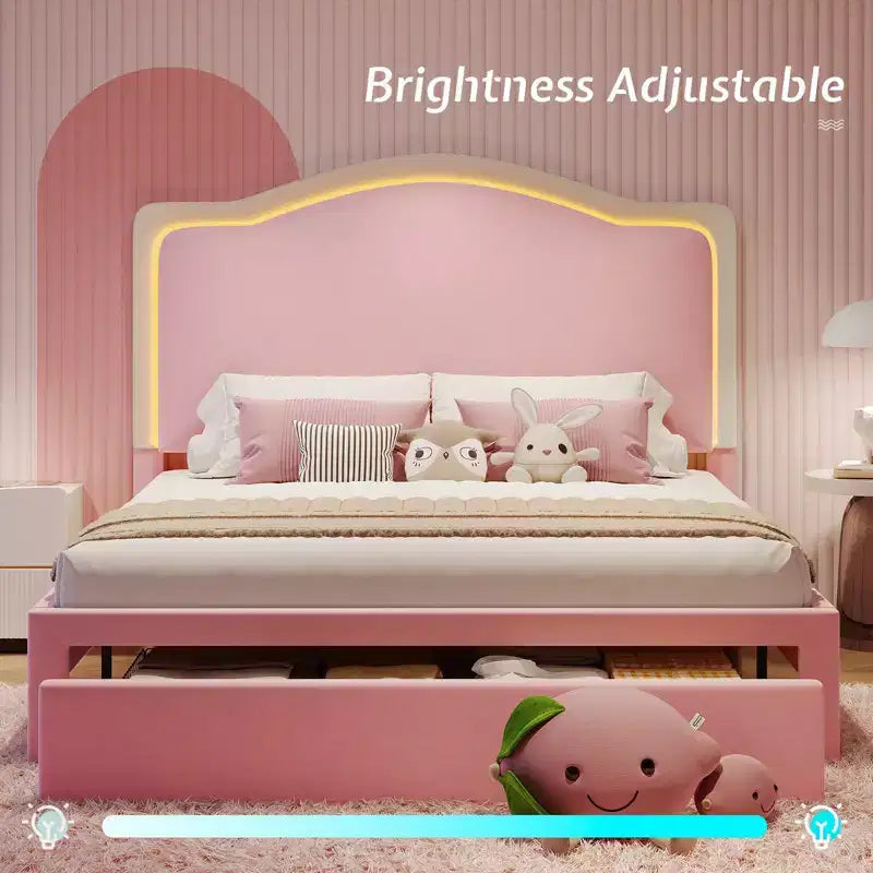 Upholstered Platform Bed with LED Headboard & Storage Drawers – Beige / Light Gray / Pink, Twin/Full/Queen