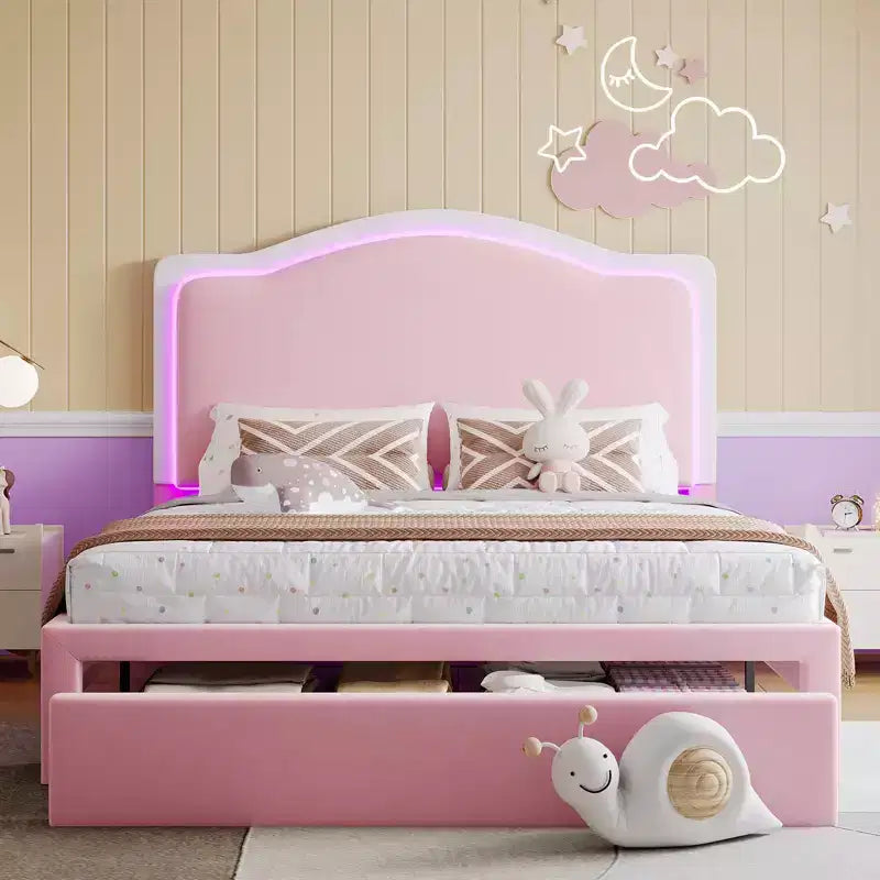 Upholstered Platform Bed with LED Headboard & Storage Drawers – Beige / Light Gray / Pink, Twin/Full/Queen