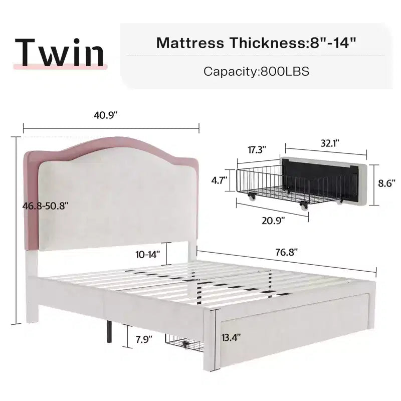 Upholstered Platform Bed with LED Headboard & Storage Drawers – Beige / Light Gray / Pink, Twin/Full/Queen