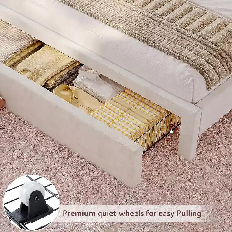 Upholstered Platform Bed with LED Headboard & Storage Drawers – Beige / Light Gray / Pink, Twin/Full/Queen
