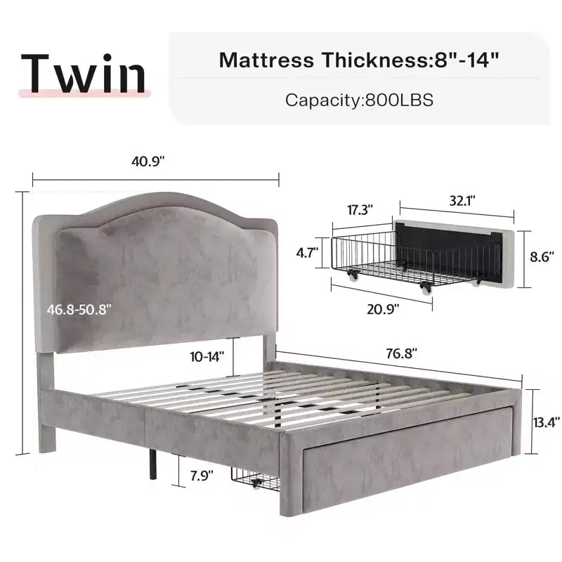 Upholstered Platform Bed with LED Headboard & Storage Drawers – Beige / Light Gray / Pink, Twin/Full/Queen