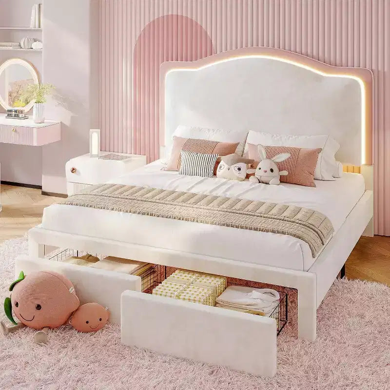 AMERLIFE Bed Frame with LED Lights and Charging Station, 50 Tall Storage Headboard