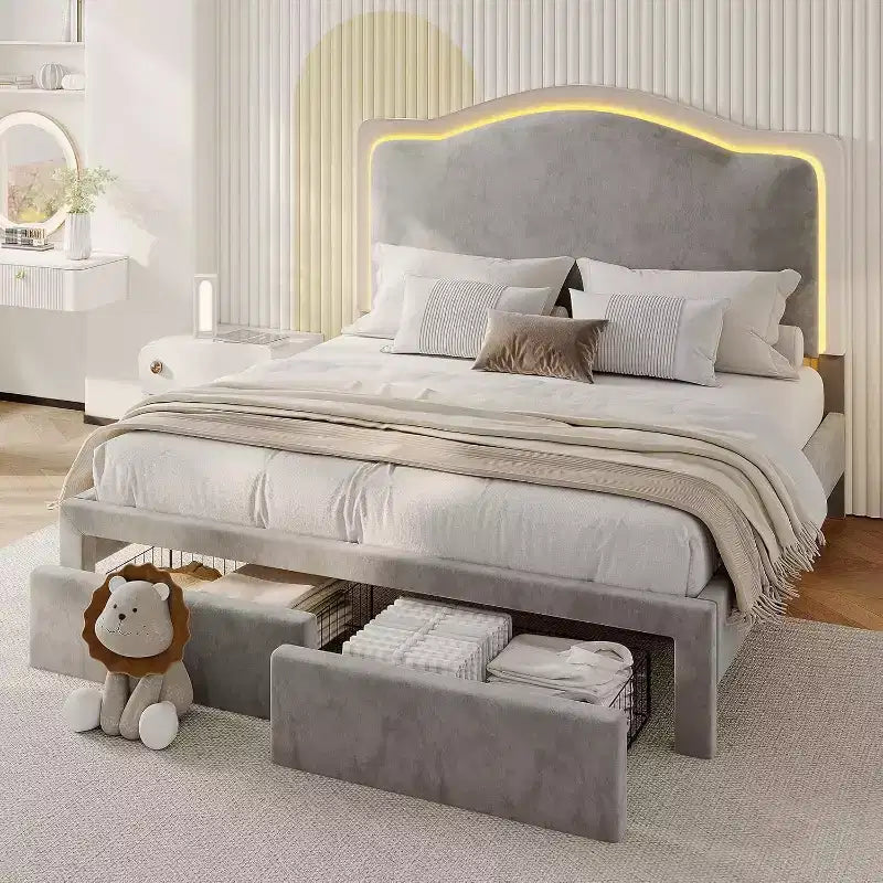 Upholstered Platform Bed with LED Headboard & Storage Drawers – Beige / Light Gray / Pink, Twin/Full/Queen