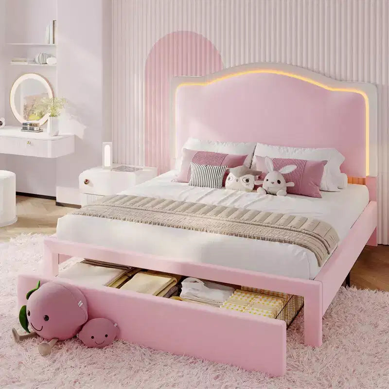 Upholstered Platform Bed with LED Headboard & Storage Drawers – Beige / Light Gray / Pink, Twin/Full/Queen