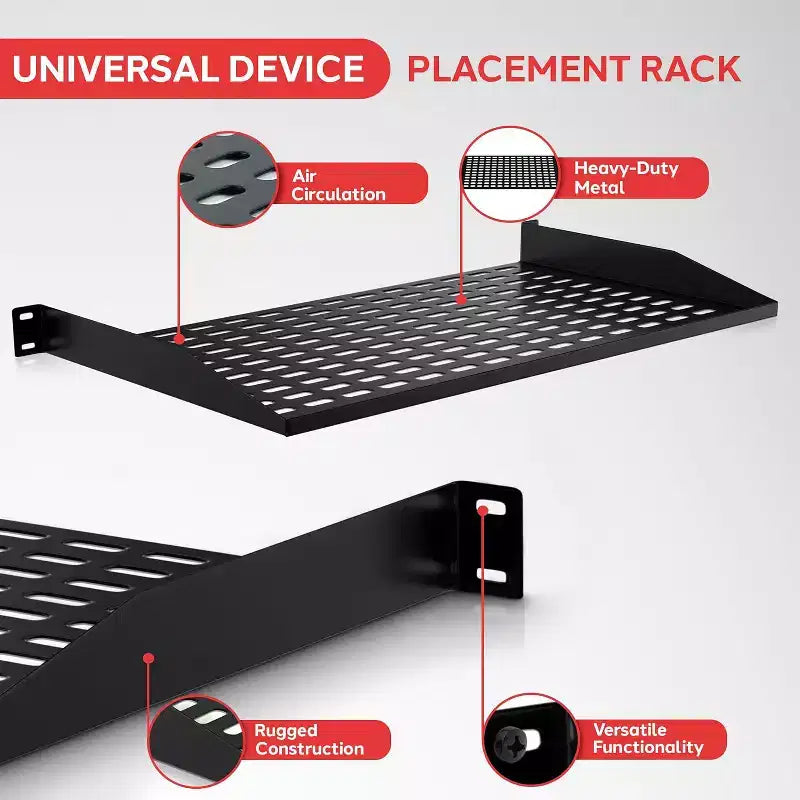 Black Metal 1U Rack Shelf Tray, Universal Single-User Mount, 4-Pack