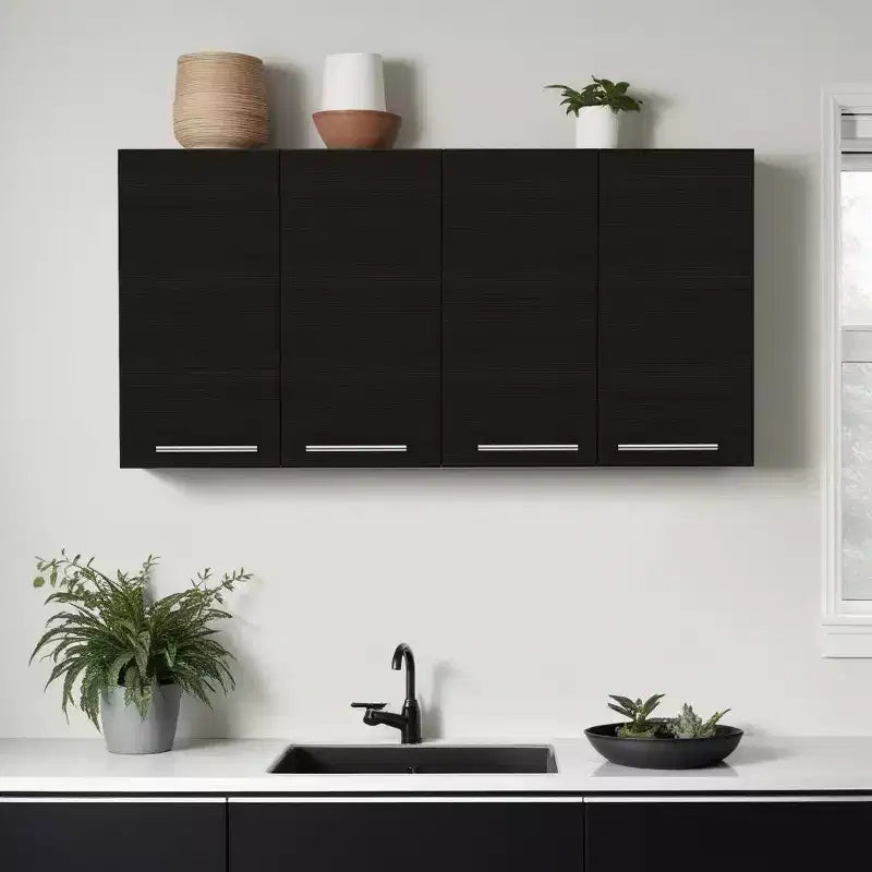 Black Wood 4-Door Wall-Mounted Accent Cabinet, 1-Person Assembly