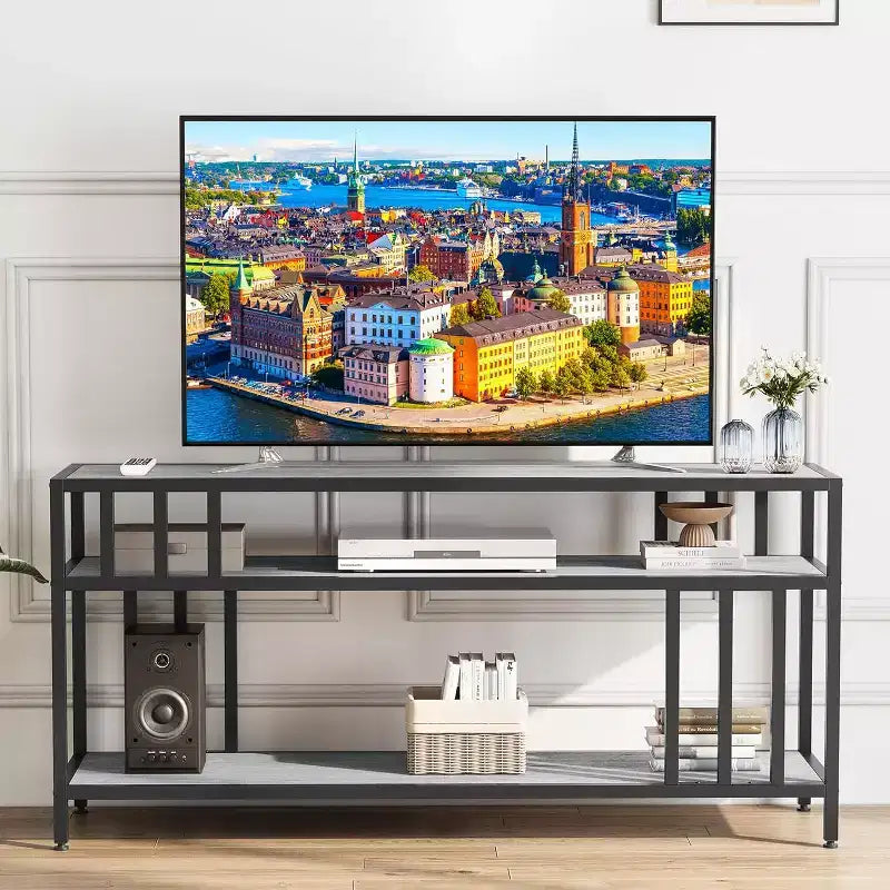 65" Brown/Grey TV Stand with Open Shelves, 4-Tube Frame, Fits up to 75" TVs